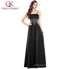 Grace Karin Women Stock Spaghetti Straps Satin Long Black Evening Gown CL4974-1#